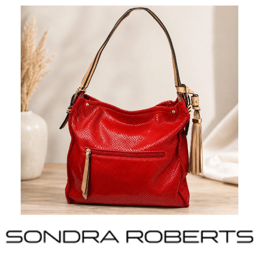 Sondra Roberts Squared Red Snakeskin Print Slouchy Shoulder Bag Tassel Hobo